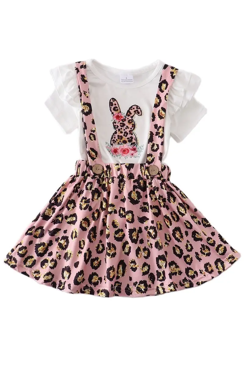 

Новый Пасхальный розовый Леопардовый кролик для малышей с коротким рукавом черные брюки комплект эксклюзивный наряд для маленьких девочек летнее платье на бретелях Детский комплект