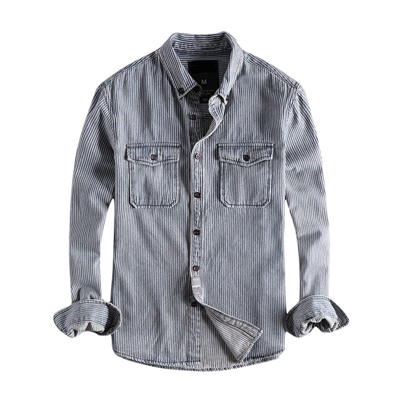 Urban Boys Streetwear Striped Long Sleeve Denim Shirt Japanese Harajuku Vertical Stripe Button Down Jean Shirt for Men