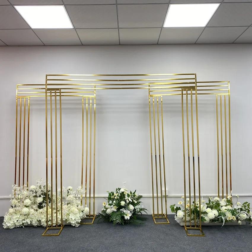 

2m Shiny Gold Plated Square Background Shelf Wedding Arch Geometric Flower Door Support Artificial Flower Decoration