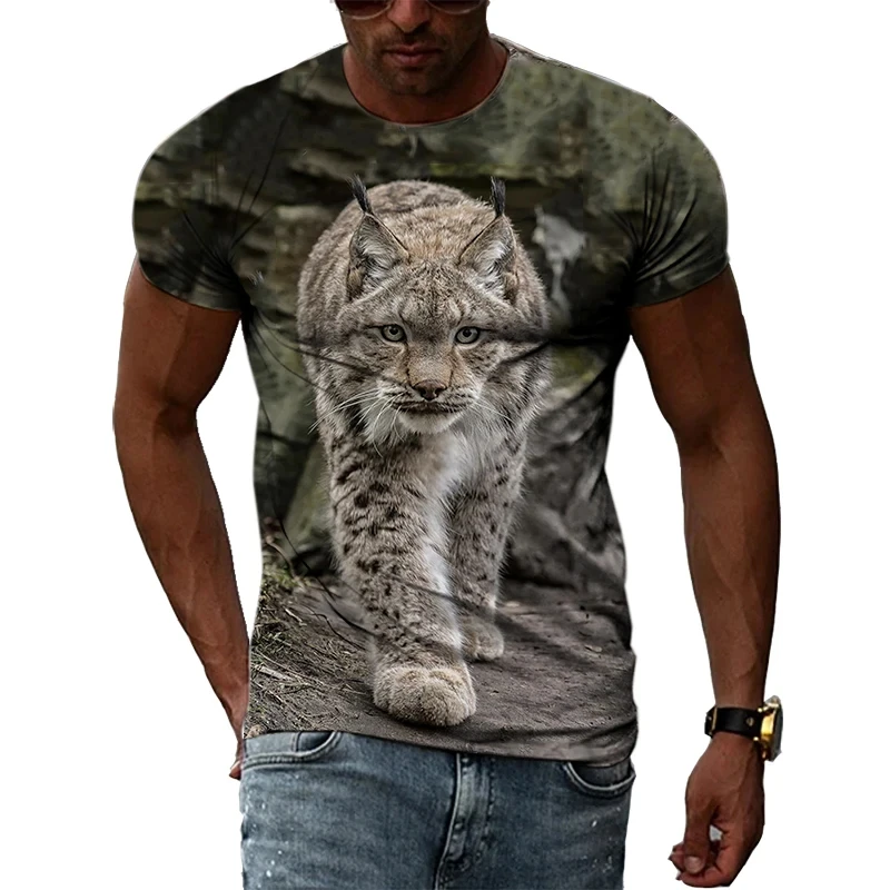 

2023 Men's Lynx Bobcat Pattern T-shirt Summer Short Sleeve Round Neck Fashion Casual Fun Top T-shirt Clothing