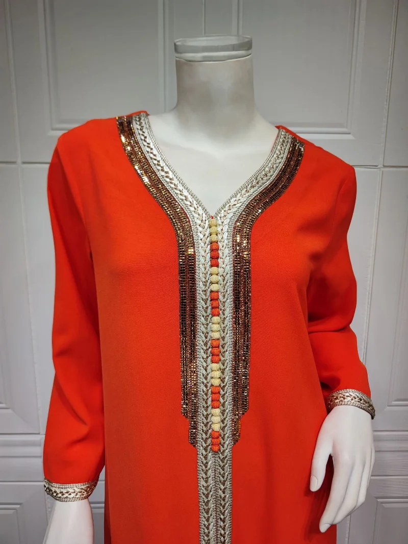 Muslim Fashion Abaya 2023 Summer Spring Muslim Women Long Sleeve V-neck Polyester Orange Long Abaya Muslim Dresses Muslim Sets