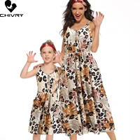 new mother daughter summer dresses sleeveless flower leopard print button dress mom mommy and me dress family matching outfits