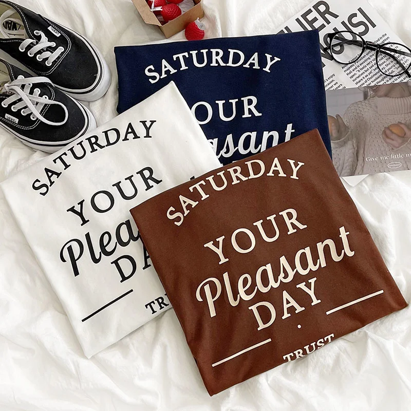 

Letter Print Cotton Loose Wrapped Round Neck Long Sleeve T-shirt Blue White Brown Women T Shirt