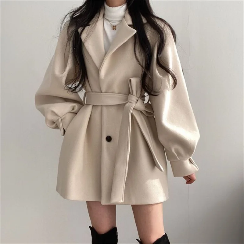 

Mid Length Blazer Collar Woolen Coat Women Belted Winter Jacket Niche Vintage Loose Fashion Overcoat Solid Trench Coats