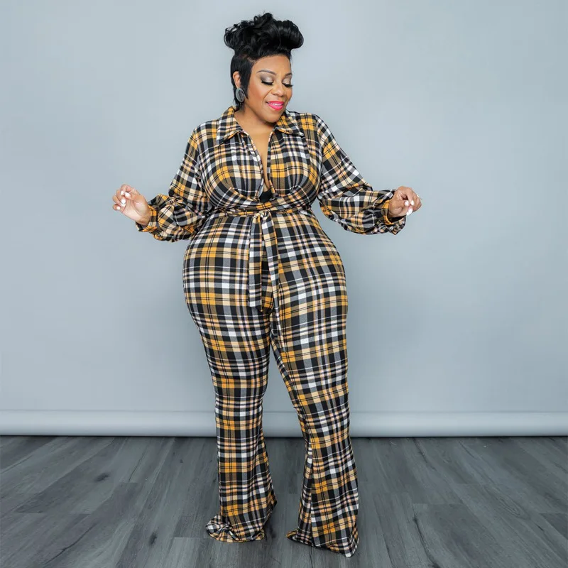 Plus Size Women's Clothing 2022 Autumn New Fashion Casual Puff Sleeves Plaid Printing Lapel Ladies Jumpsuit XL-5XL Oversized