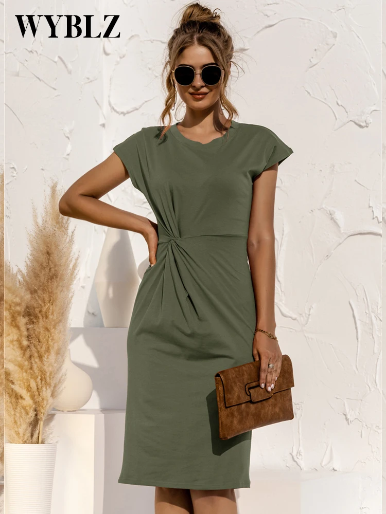 

WYBLZ Women Evening Party Dress Summer Short Sleeve Twisted Slim Fit O Neck Solid Color Basic Pencil Dress Knee Length 2022 New