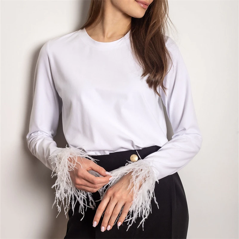 

Black Feathers on the Cuffs Womens Blouses Long Sleeves Women's Clothing White Elegant Female Blouses Tops Shirts for Women Top