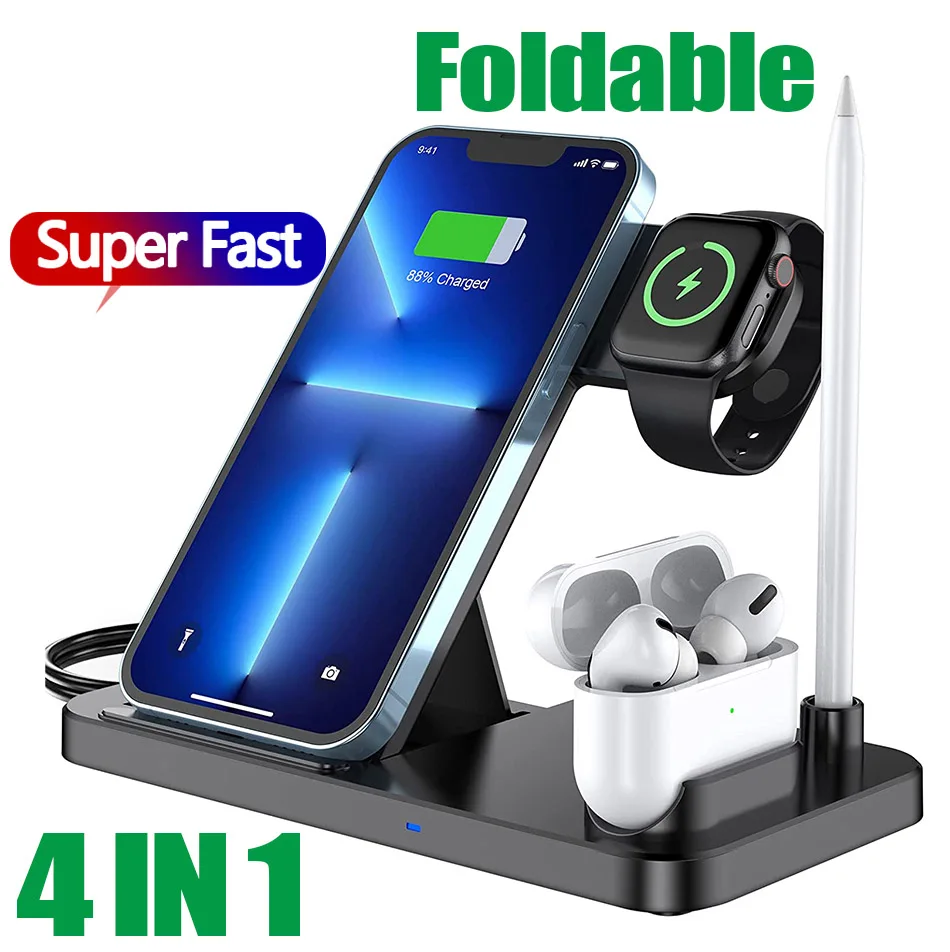 

Беспроводное зарядное устройство 15 Вт Qi для iPhone 14 13 12 11 Pro XS XR XS, док-станция для быстрой зарядки для Apple Watch 7 SE 6 5 4 3 AirPods Pro