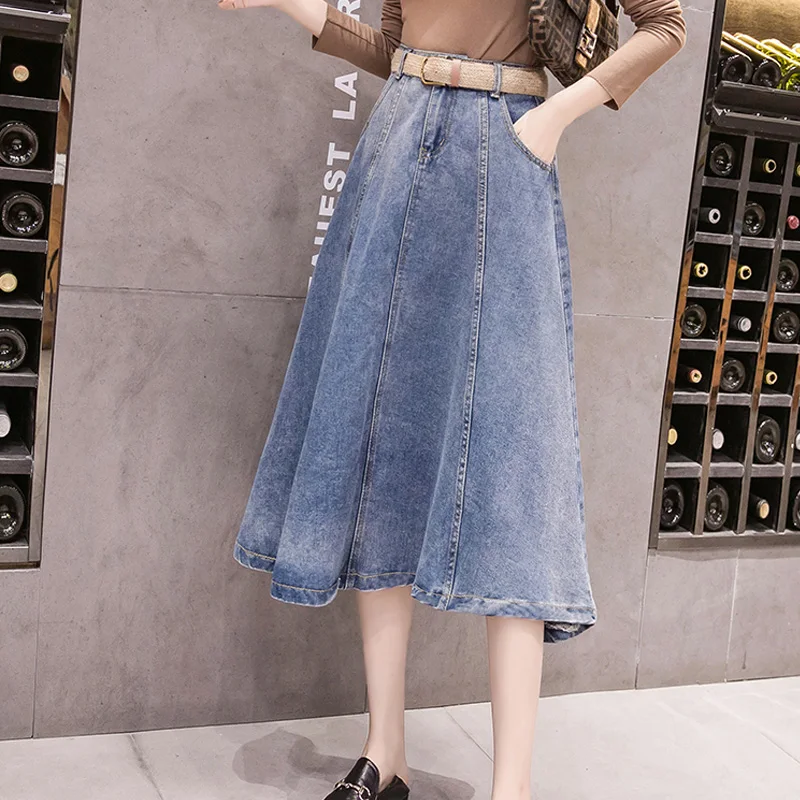 

Women Spring Big Swing Sweet Casual Fashion Midi Long Skirts High Waist A-Line All-match Vintage Denim Skirt Female Streetwear