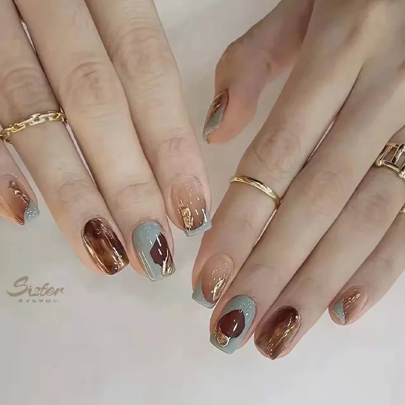 

24pcs/box Press On False Nails Cute Nail Art Wearable Fake Nails Short Square Blue Amber With Wearing Tools As Gift