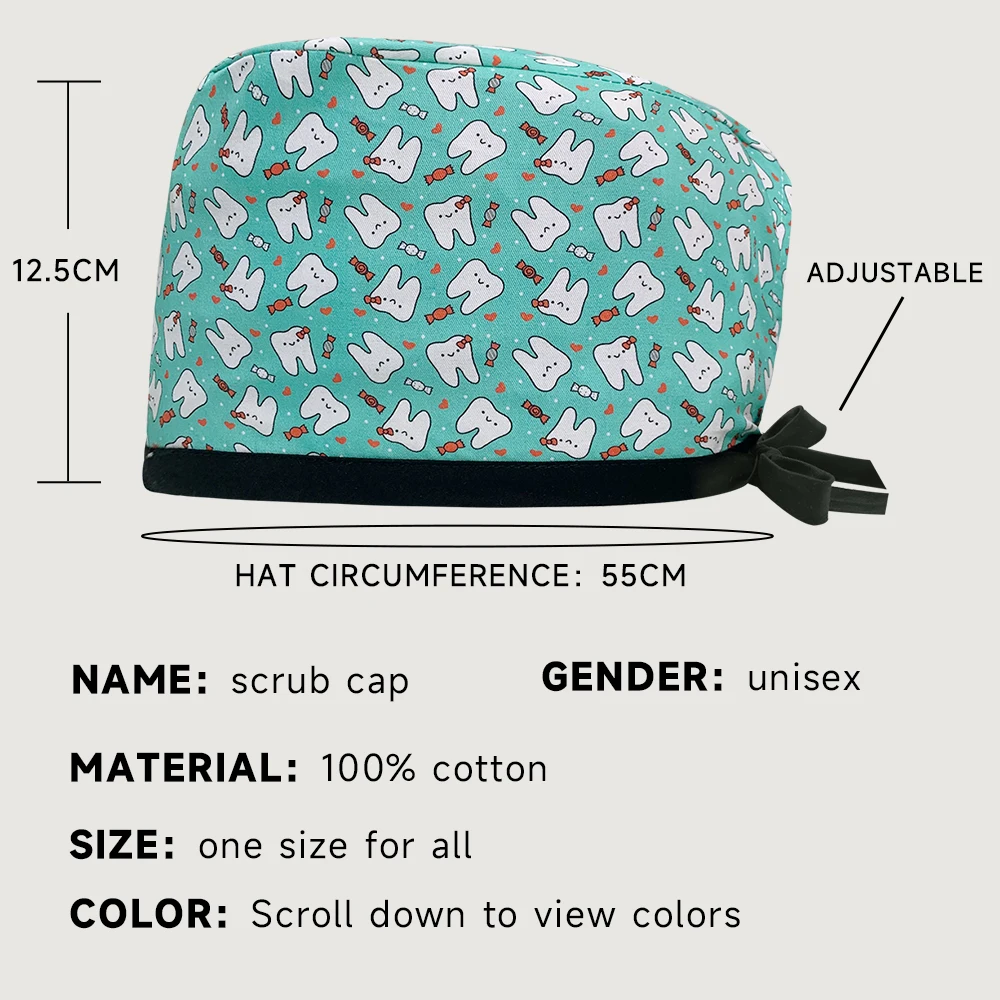 Unisex Pet Clinic Hats High Quality Tooth Print Dental Clinic Scrub Cap Breathable Medical Work Cap Cotton Nursing Hat Wholesale images - 6