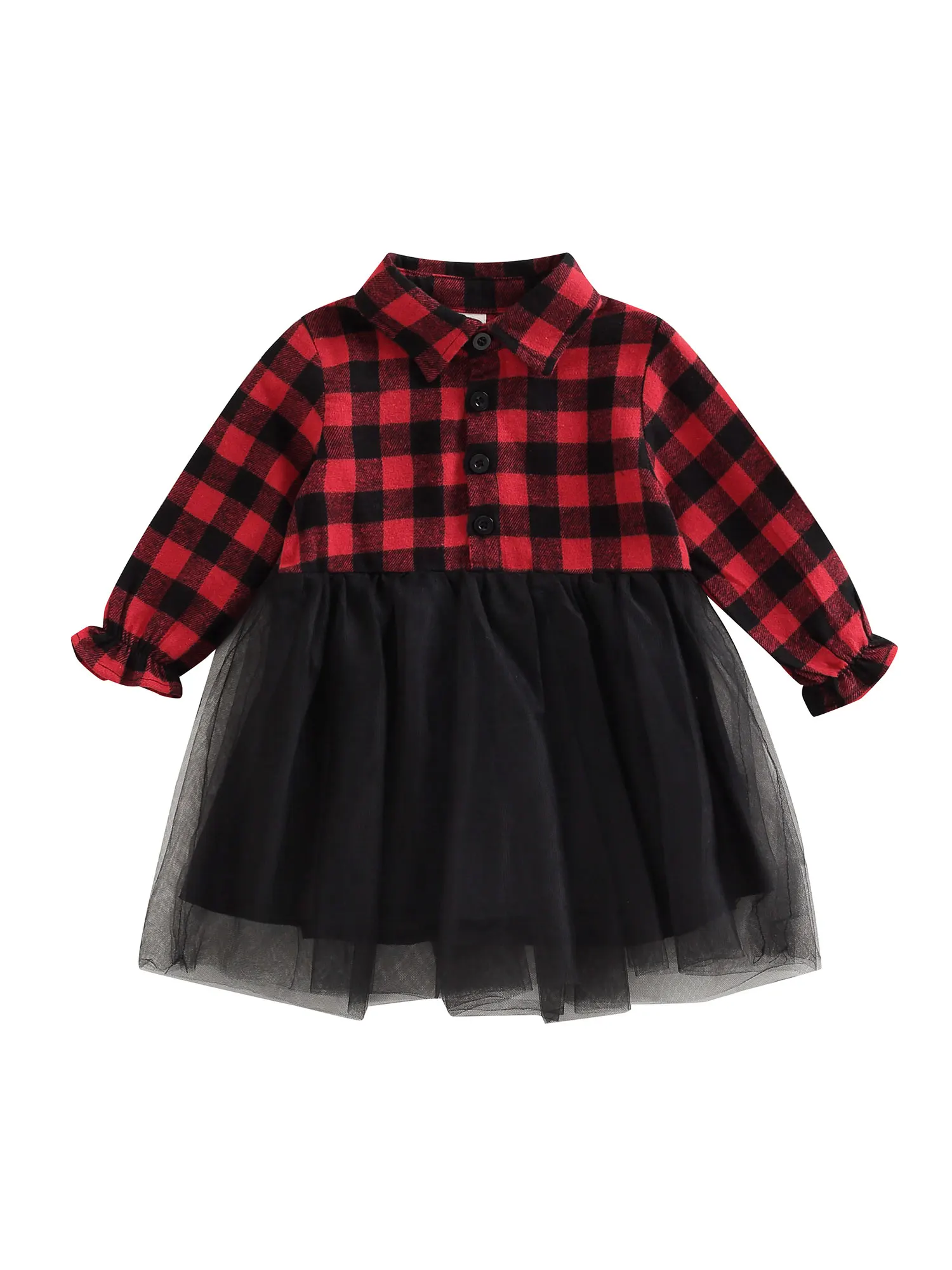 

Cute Fall Toddlers Girl Clothes Christmas Dress Red Plaid Black Mesh Tutu Skirt Ruffles Long Sleeve Winter Outfits