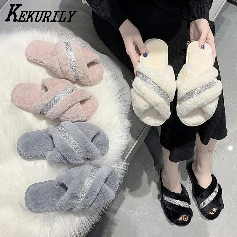 

Женские меховые сандалии на плоской подошве, с перекрестными ремешками