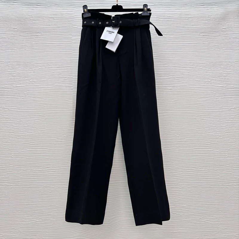 

2022 Autumn Black Straight-leg Pants Women Fashion Bud Waist Casual Loose Trousers Belt Elegant Lady Office Long Pant Clothes