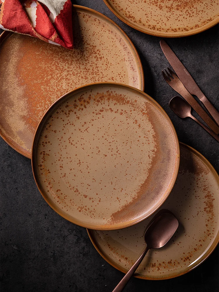 

Ceramic Plates 8.5inch Nordic Simple Style Steak Dish Brown Pigmented 22.5cm 25cm Diameter Home Kitchen Resturant Food Container