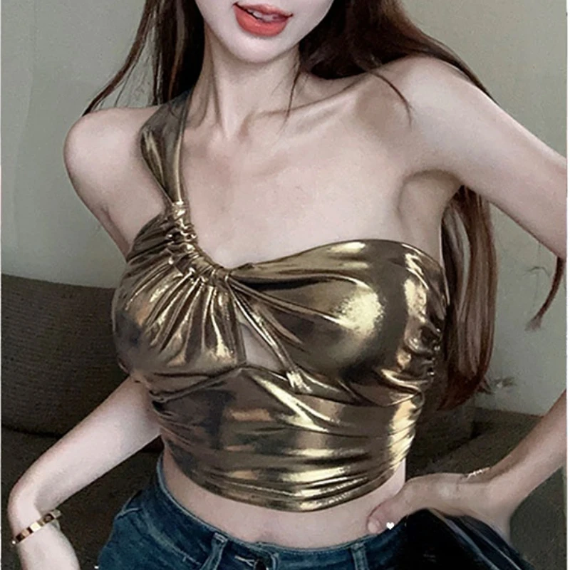 

Женский укороченный топ на одно плечо, весенний Асимметричный плиссированный топ в Корейском стиле ретро, 2023