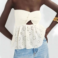2022 knit crop tops women cut out tube top female woman beige embroidery off shoulder top y2k sleeveless summer sexy tops