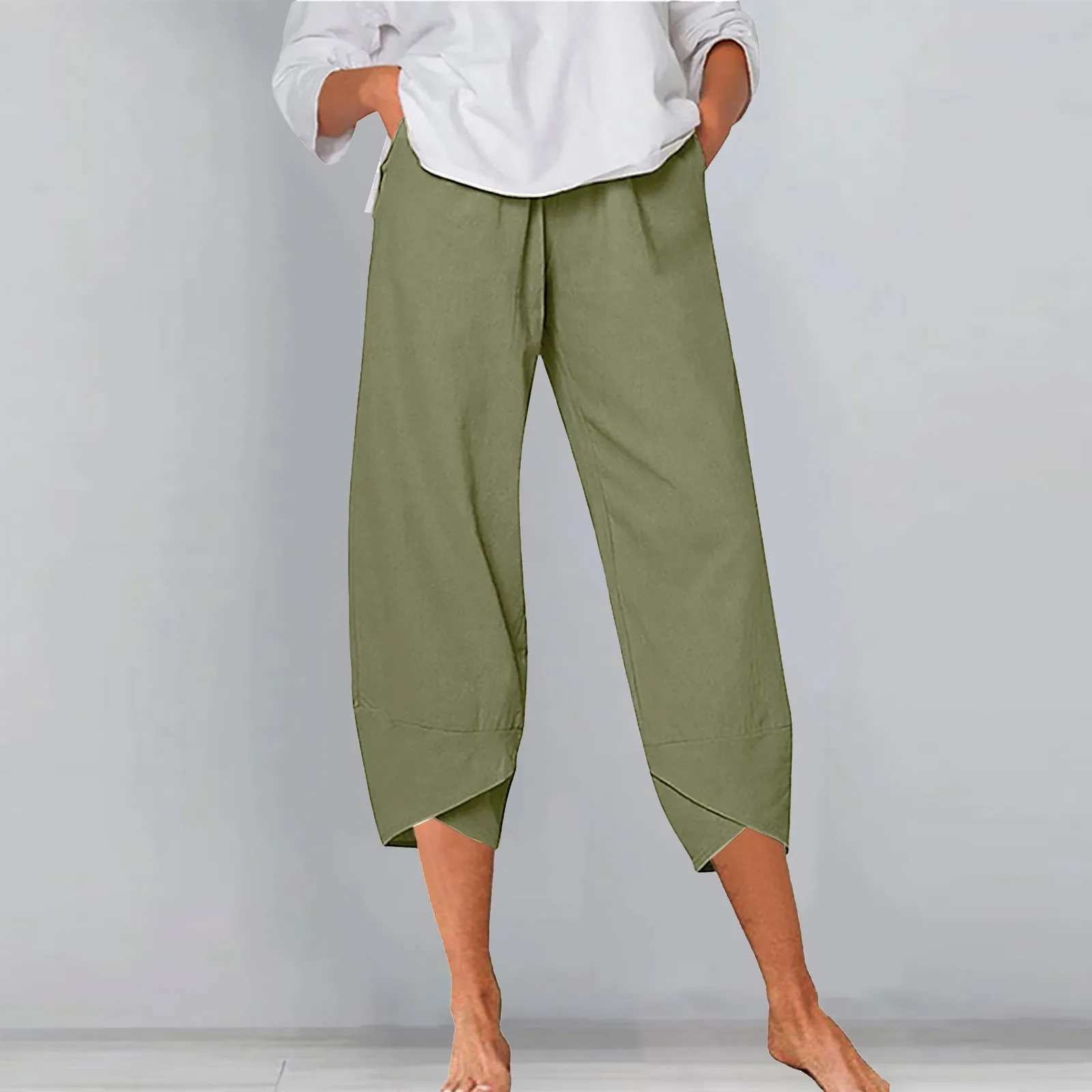 

Укороченные брюки, брюки-султанки для женщин, лето 2023, винтажные Женские однотонные широкие брюки из льна, пляжные брюки с эластичным поясом, повседневные брюки