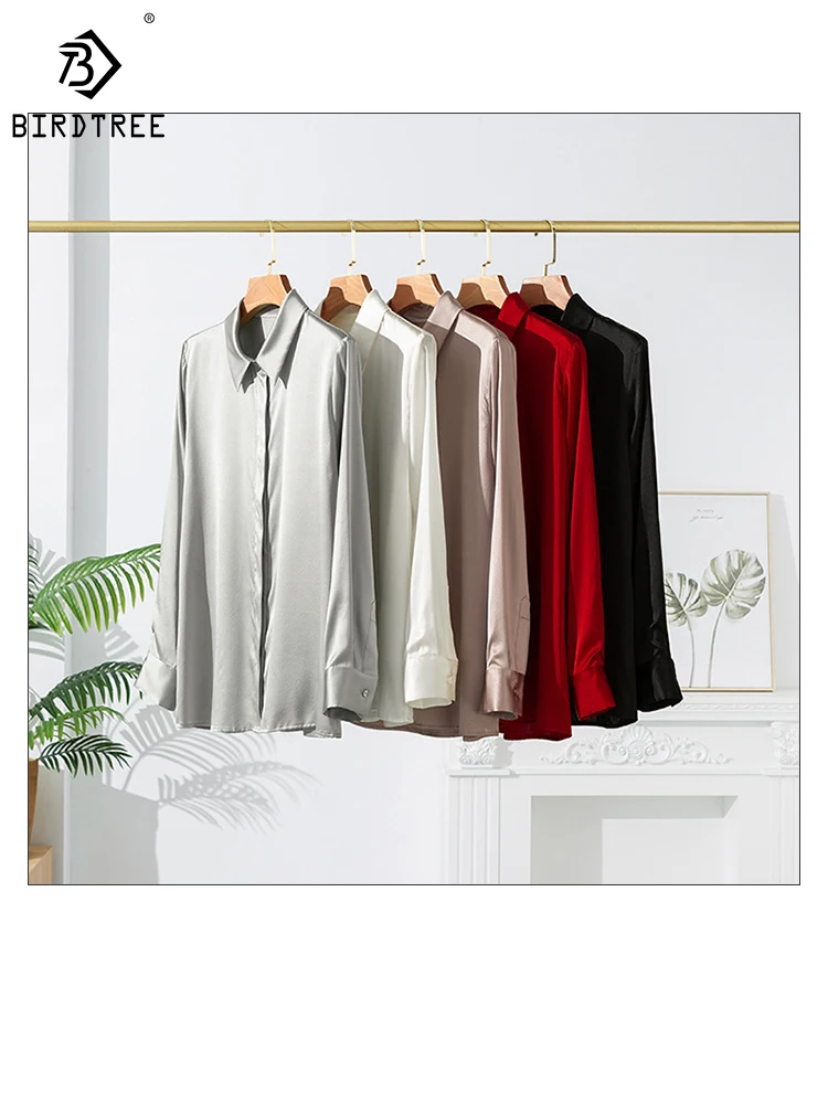 

Женские рубашки с птицей, 93% шелк тутового шелкопряда, 7% спандекс, отложной воротник, Однотонные блузки на пуговицах, 2023, весна-лето, T38213QD