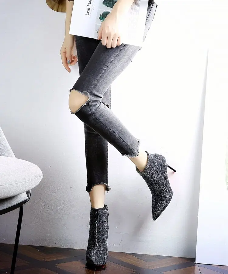 Boots Women's Shoes Trend 2022 Heels Chelsea Ankle Booties Woman Silver Luxury Elegant Heeled Sexy Rhinestone Weddings Bridal
