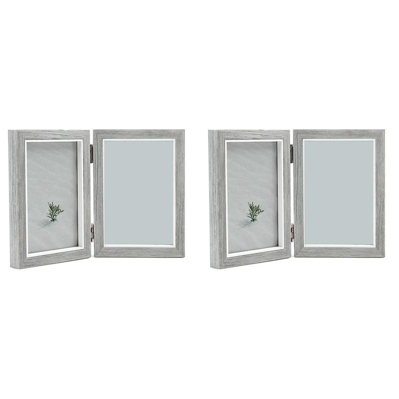

2X Double Picture Frame 4X6in Rustic Grey Photo Frames Wooden Hinged Folding,Wedding Gifts,Mother's Father's Day Present
