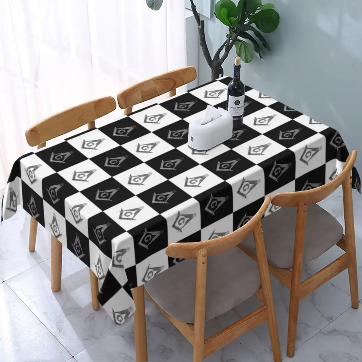 

Freemason Checkered Black And White Pattern Tablecloth Rectangular Fitted Oilproof Masonic Mason Table Cloth Cover for Banquet