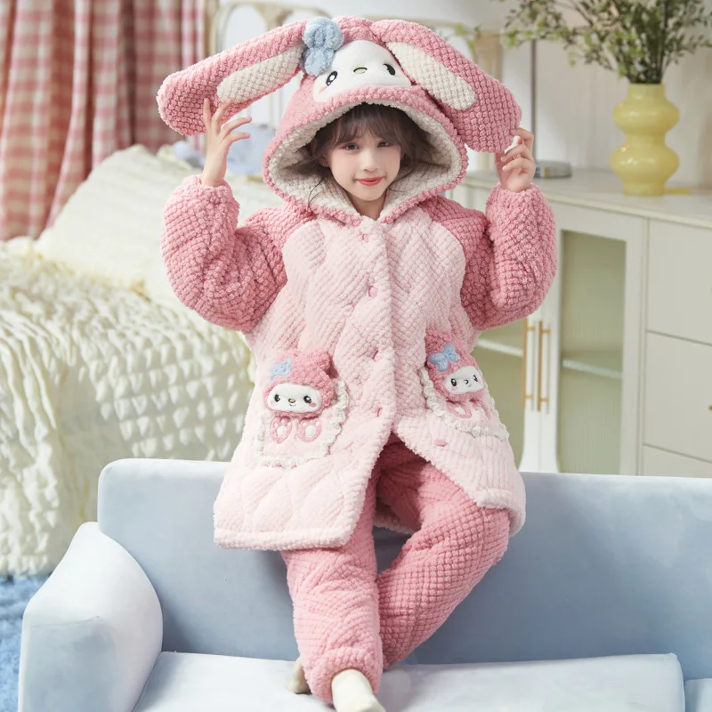 

Anime Kawaii Sanrio Hello Kitty Kuromi My Melody Cinnamoroll Children's Flannel Pajamas Y2K Autumn Winter New Girls Long Pajamas