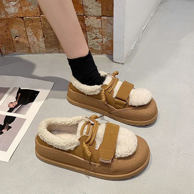 

Туфли женские с закрытым носком, Ретро стиль, модные повседневные кроссовки, лоферы, мех, на шнуровке, из флока, плюшевые, однотонные, 2022