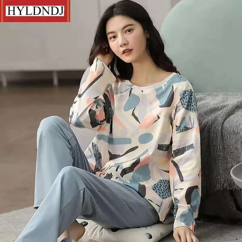 New Spring /autumn Thin 2Pieces Pyjamas Womens Girls Round Neck Long Sleeve Lovely Home Wear Sleepwear Pajamas Set M-5Xl