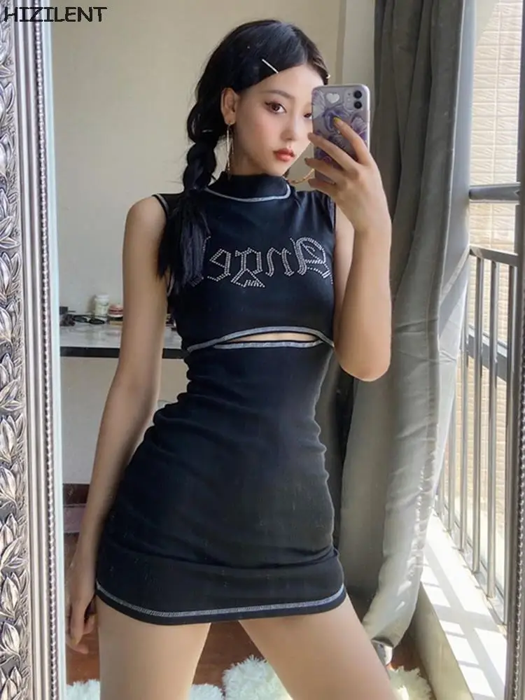 

2022 Summer Ladies Mini Skirt Y2K top Women Leisure Style Half High Collar Sleeveless Hollow Dress Letter Rhinestone Decoration