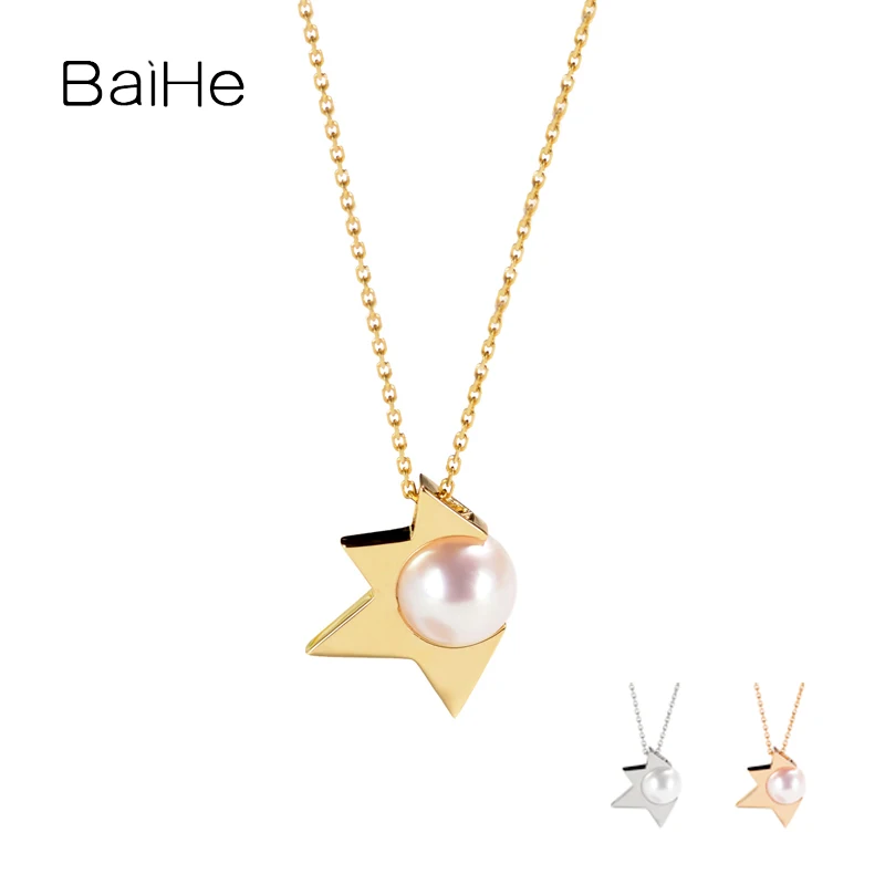 

BAIHE Solid 18K Yellow Gold 7.5MM Natural Freshwater Pearl Sun Pendant Necklace Women Fine Jewelry Making Aurinko kaulakoru