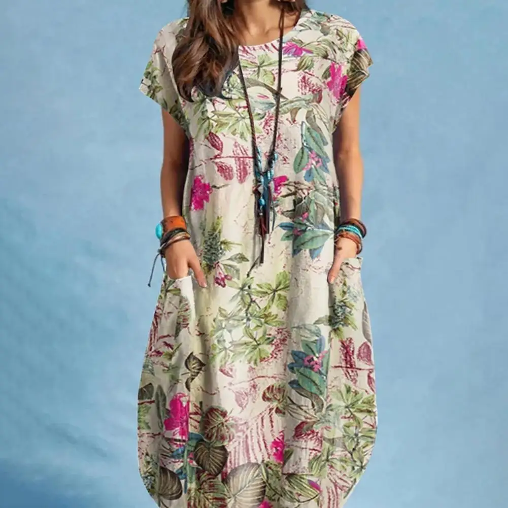

Мягкое повседневное платье, искусственное Цветочное платье с круглым вырезом, весенне-летнее повседневное пляжное платье, уличная одежда