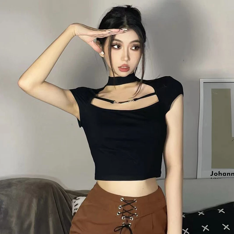 

#Sisjuly# salt clavicle slim fitting backless hollowed out T-shirt women ins net red fried Street thin versatile top