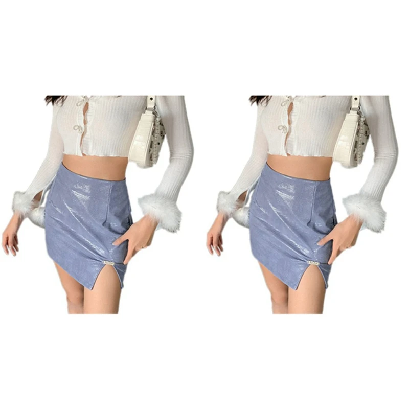 

Hot Kf-Aesthetics Solid High Waist Leather Skirts Girl Sexy Slim Hem PU Mini Skirt Fashion Party Wear Autumn