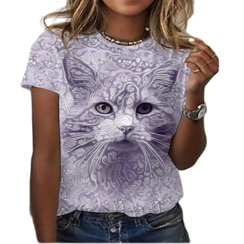 

Vrouwen 3D Kat Schilderen T-shirt, Kat Illustratie, 3D Print, Ronde Hals, Basic, Retro, top, Reguliere Versie