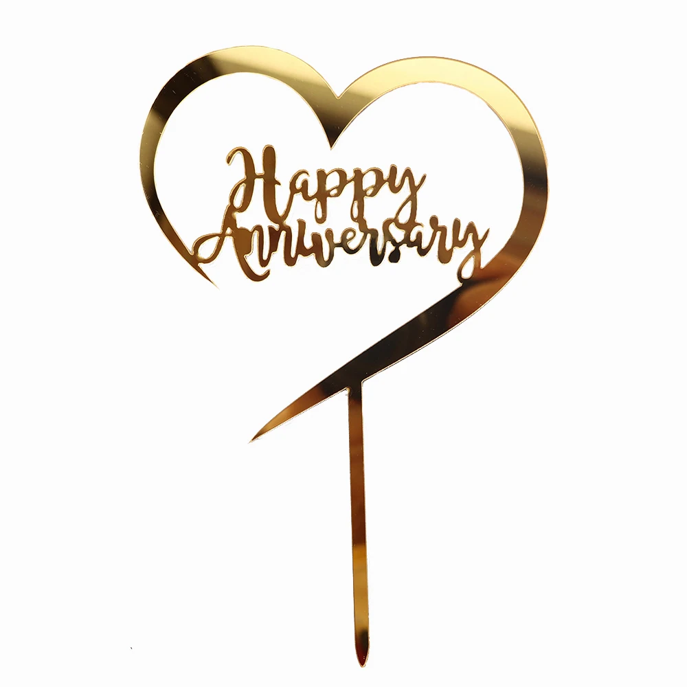 Promotional Happy Anniversary Cake Topper Acrylic Rose Gold Silver Cupcake for Birthday Wedding Party Decorations |