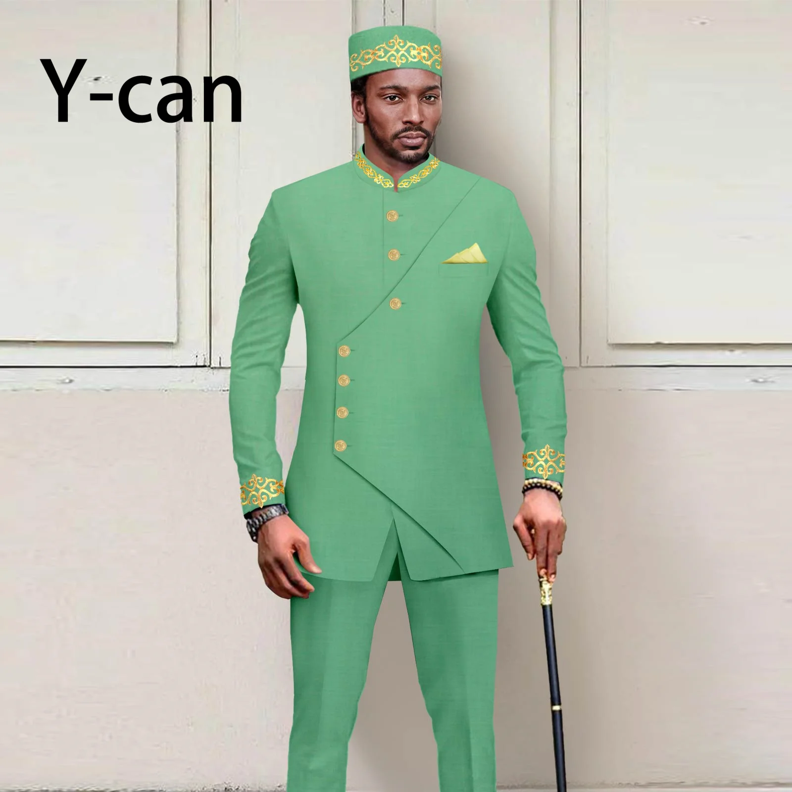 African Clothes for Men 2023 New Fashion Soild 3 PCS Set Dashiki Pure Jacket and Trousers Match Muslim Embroidery Caps A2316051