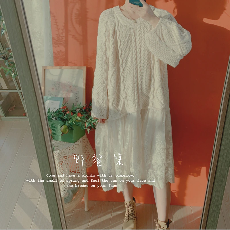 

Autumn and Winter 2022 Women's Japanese Sweet Lace Long Wool Thread Sen Women's Loose Knitted Dress