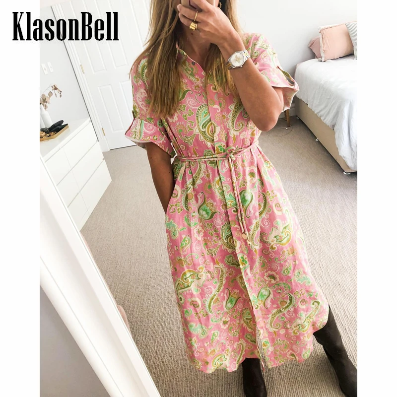 

8,1 г., KlasonBell, праздничное льняное свободное платье с принтом пейсли, с поясом и разрезом, длинное женское платье