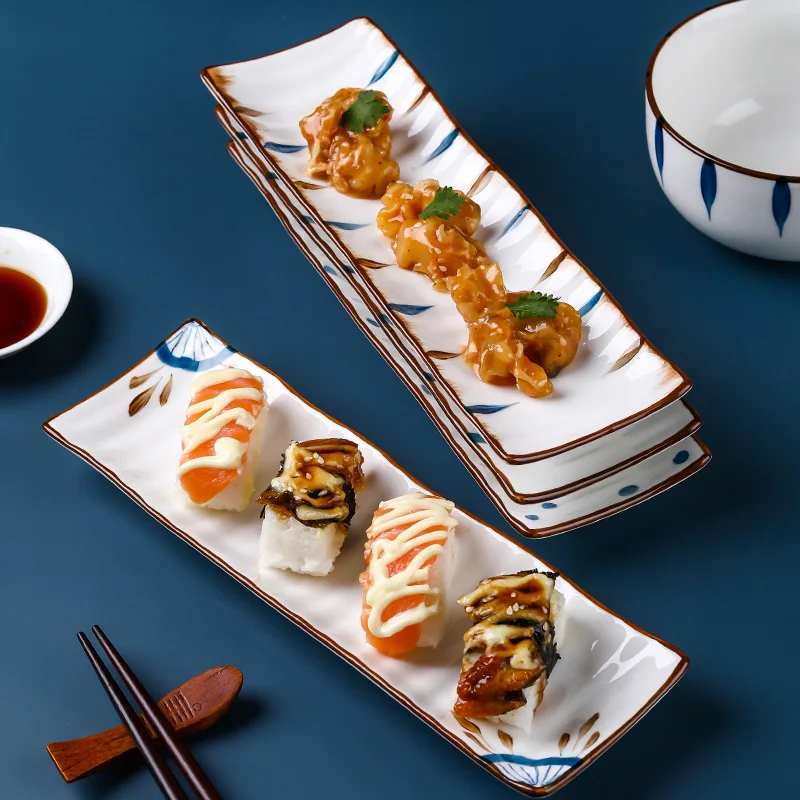 

Japanese-style Hefeng Ceramic Sushi Dish Retro Hand-painted Cooking Plates Dessert Plate Long Household Fish Snack Plate