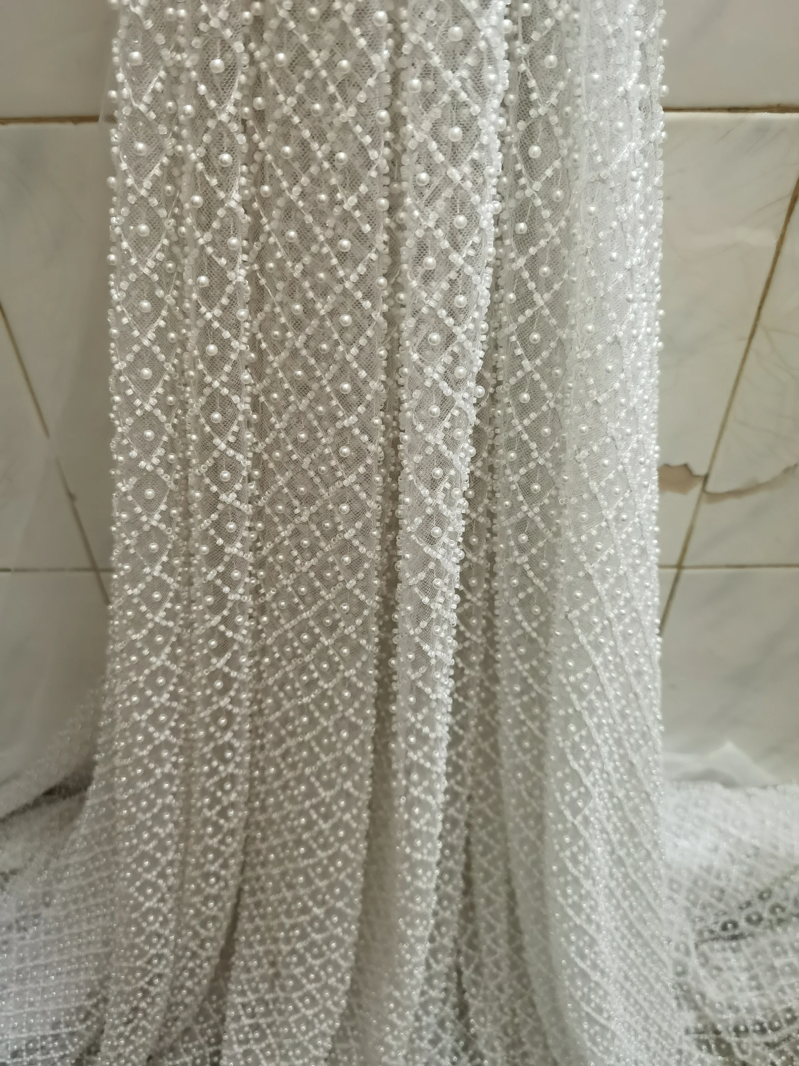 

White Color Heavy Material French Nigerian Shinny Sequins Beads Lace Fabric JRB-5193 Embroidered Lady Show or Party Dress