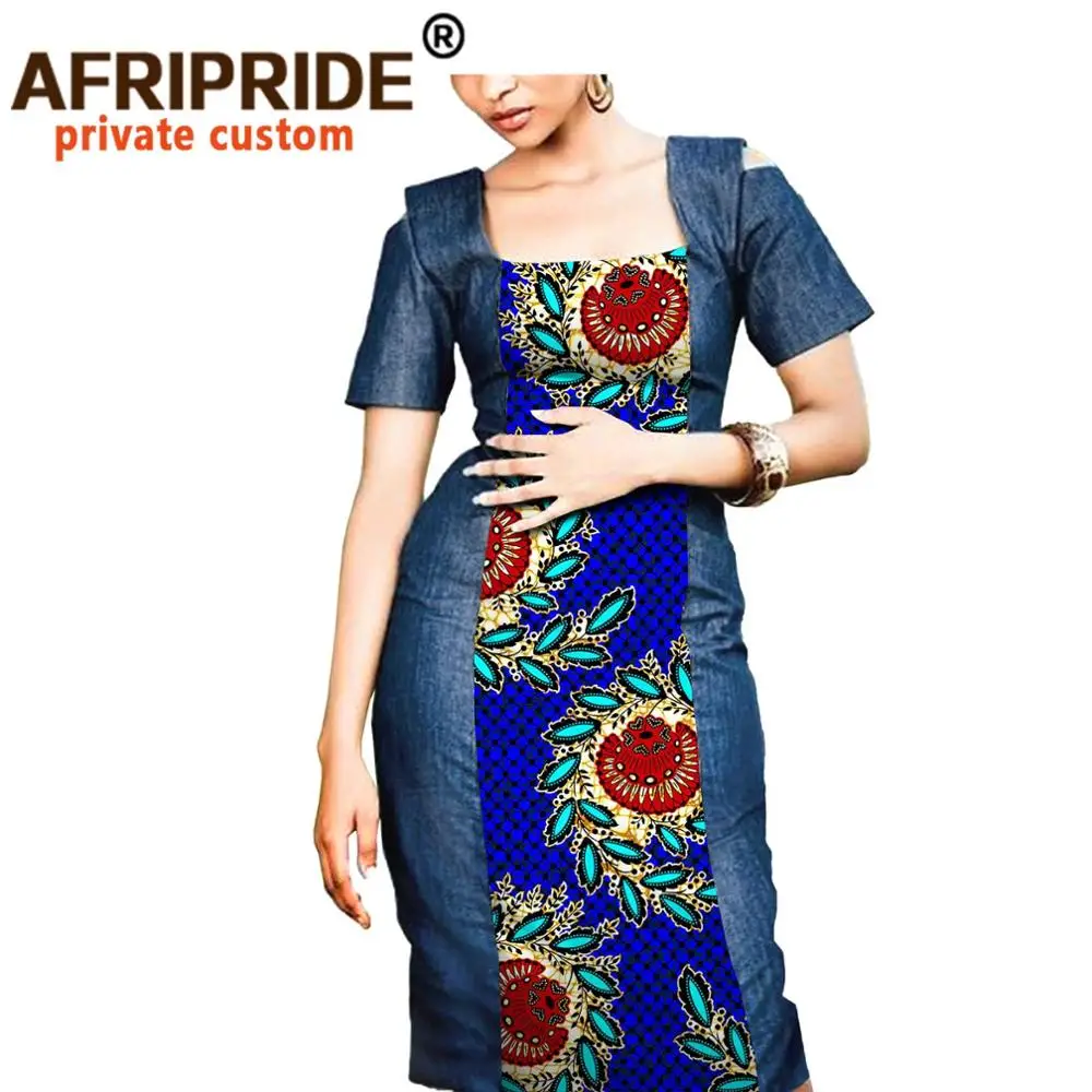 

African Ankara&Denim Square Collar Women Dress Afripride Tailor Made Knee Length Short Sleeves Casual Dress A2025023