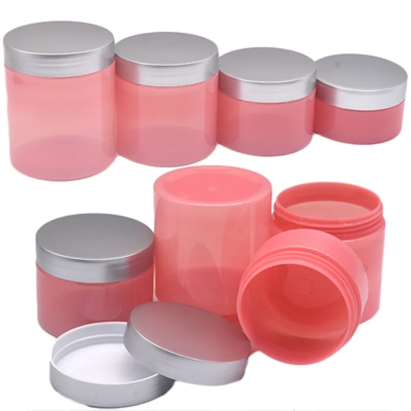 

Refillable Frost Plastic Pink Jar Bottle Silver Cover With White Pad 100G 150G 200G 250G Empty Portable Cosmetic Packaging 20Pcs