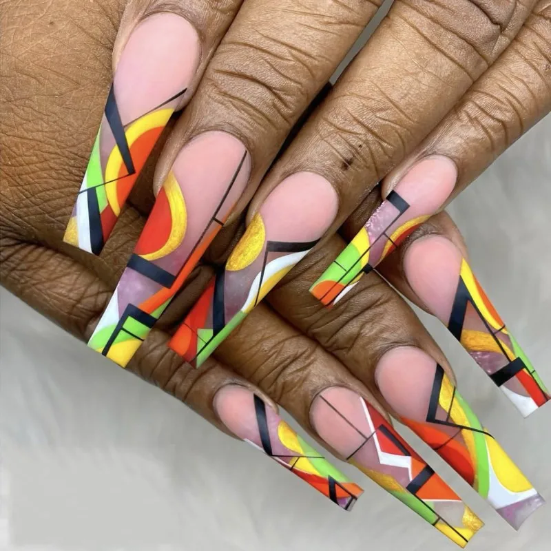 

4D fake nails set press on faux ongles Manicure accessories long french coffin tips 4D Sunset Red Matte unhas designs false nail
