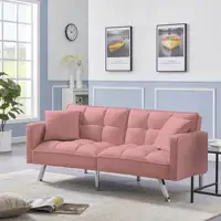 Futon Sofa Sleeper Navy Blue Velvet With 2 Pillows Futon Sofa Bed Convertible Couch Bed with Armrests Modern Living Room Velvet