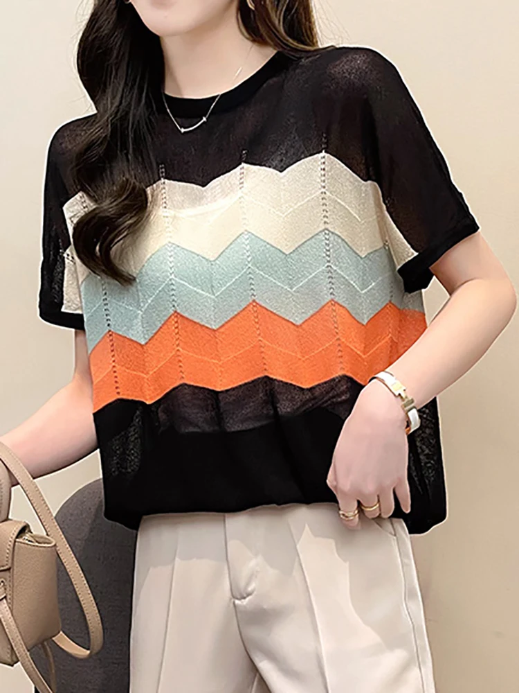 

Thin Knitted Top T Shirt Women Short Sleeve Striped Tee Shirt 2022 Summer Casual T Shirts Woman Clothes Tshirt Camisetas Mujer