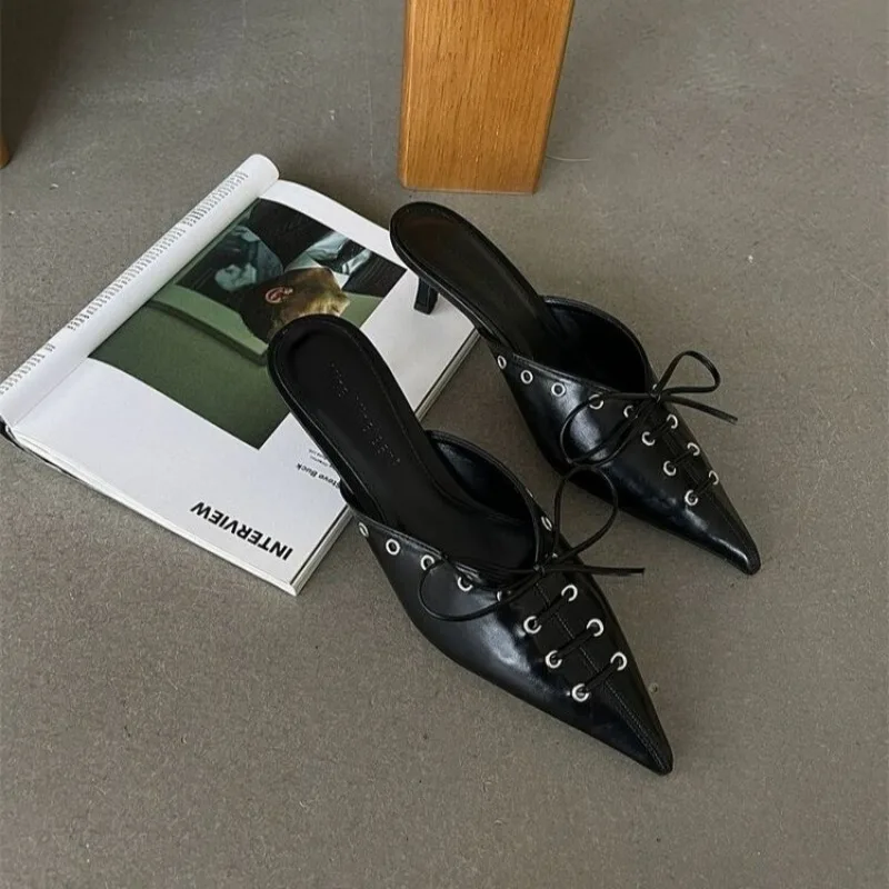 Туфли-лодочки женские на шнуровке без задника заостренный носок каблук 4 см