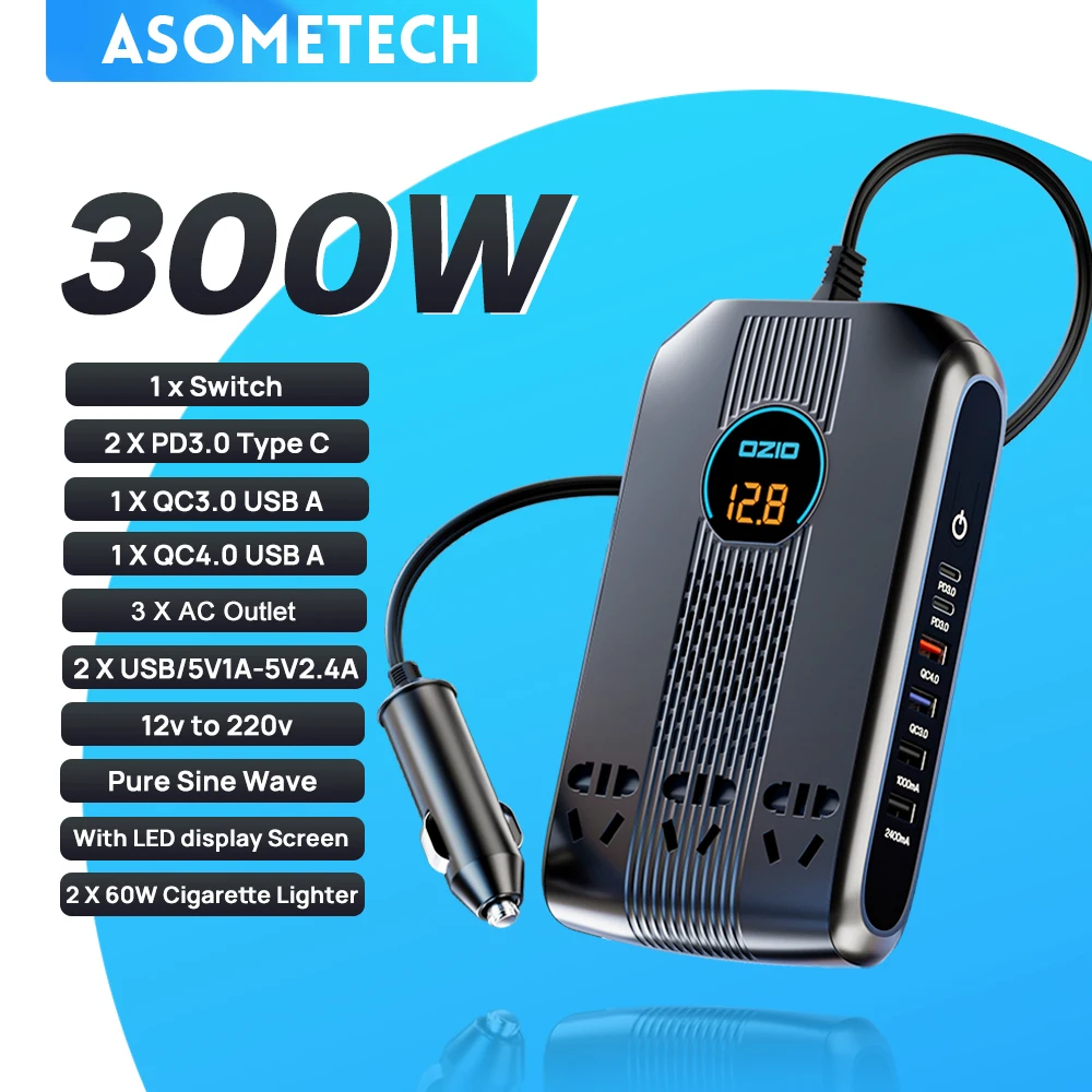 

300W Universal Power Inverter 12v 220v Pure Sine Wave Converter Car Charger 6 USB QC 3.0/4.0 PD 3.0 Fast Charging Power Adapter