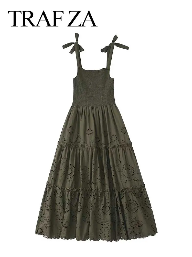 

TRAF ZA Summer Women's Suspender Bow Dress Tube Top Solid Color Hollow Print Fungus Edge Elastic Bust Waist Large Swing Skirt