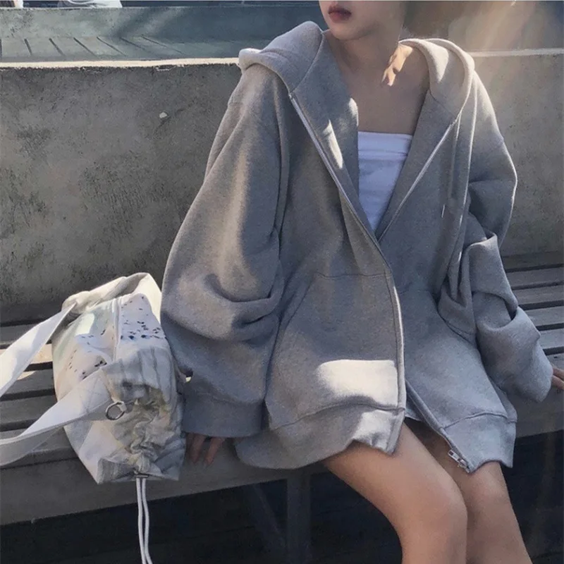 Grey Thin Zipper Sweatshirt Women's Spring and Autumn Korean Style Casual Jacket Large Size Loose Sports Hooded Top